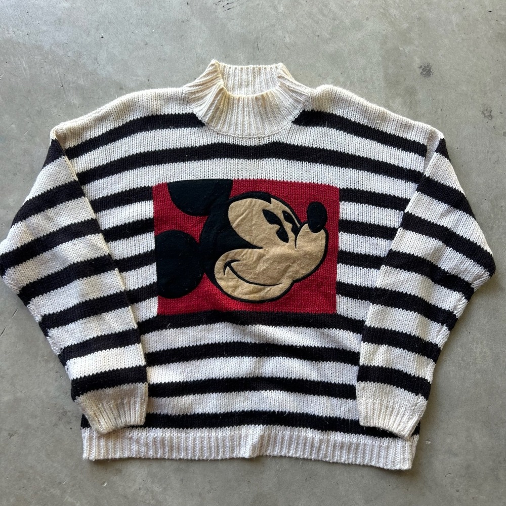 Vintage Mickey & Co Striped Knit Sweater Large Mickey Mouse 90s Mock Neck White